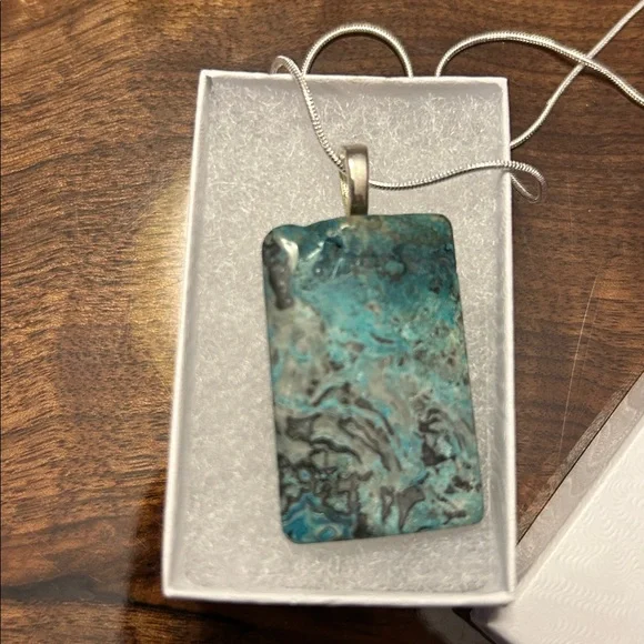 Baja Turquoise Gilson Created Opal bar necklace 925 silver 22” chain, NEW - Picture 6 of 6